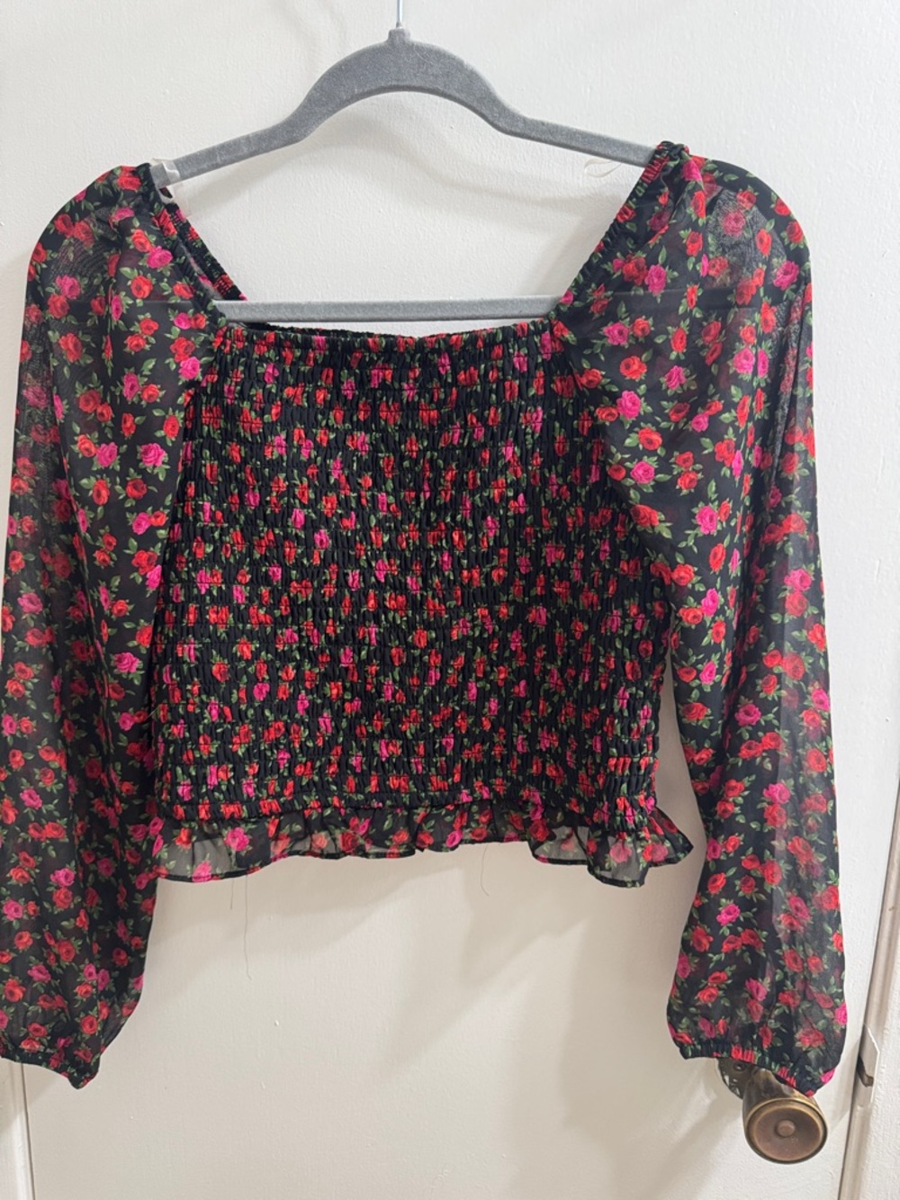 art class Black Floral Smocked Crop Top with Pink Roses
